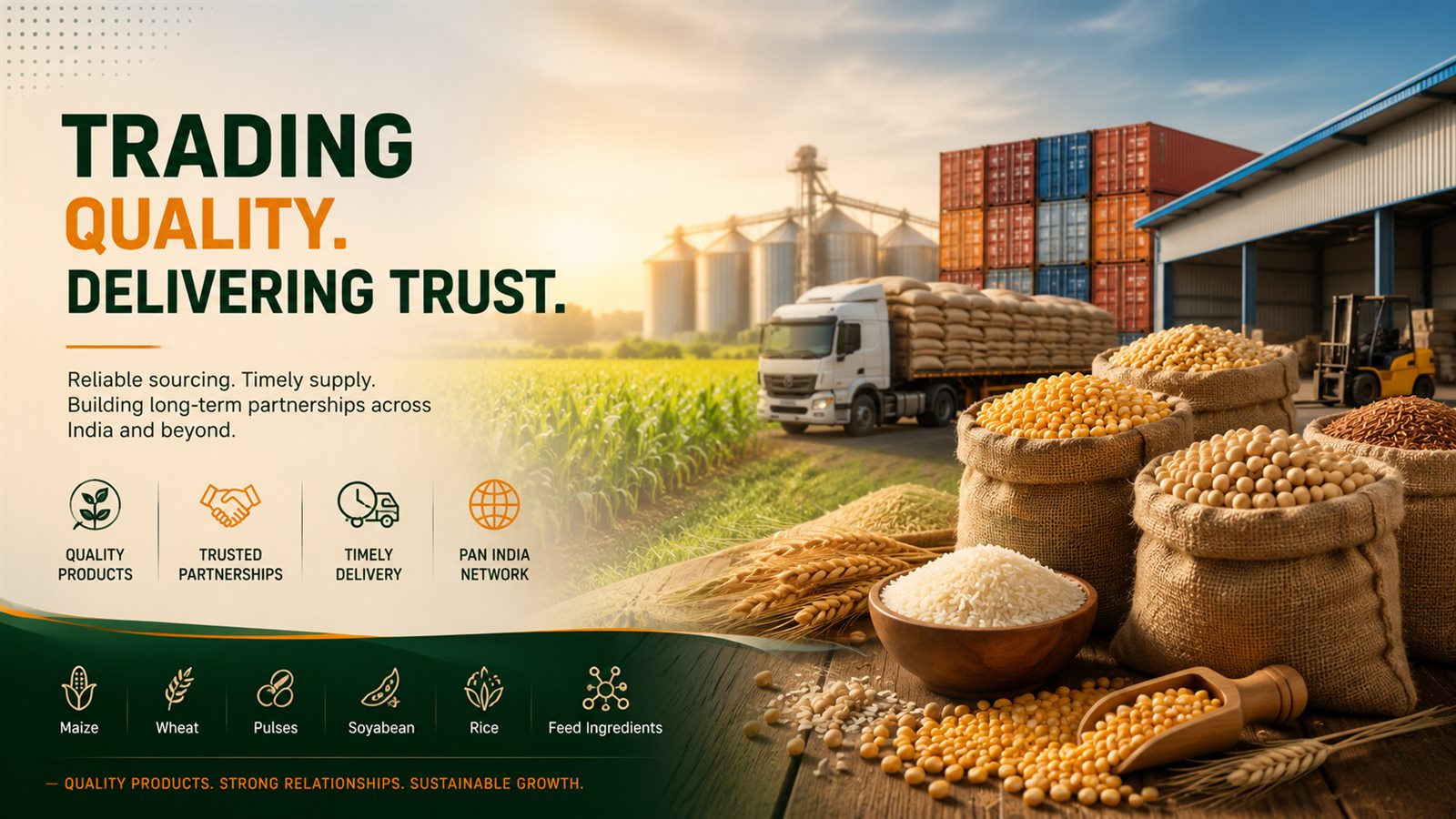 Trading quality, delivering trust. Reliable sourcing and timely supply of maize, wheat,
      pulses, soyabean, rice and feed ingredients across India and beyond.