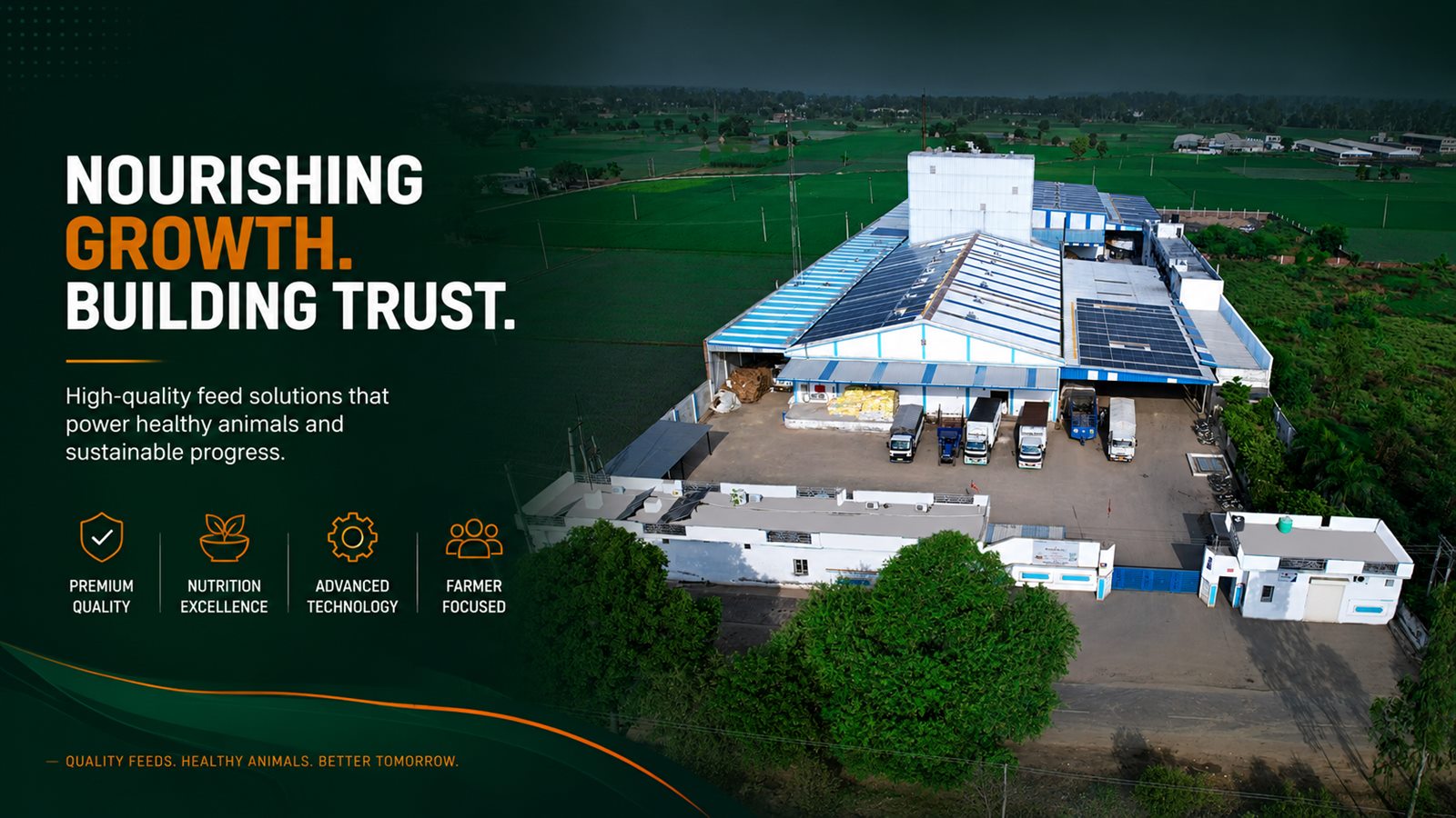 Nourishing growth, building trust. An aerial view of the Arunodya Feeds mill: high-quality
      feed solutions that power healthy animals and sustainable progress.
